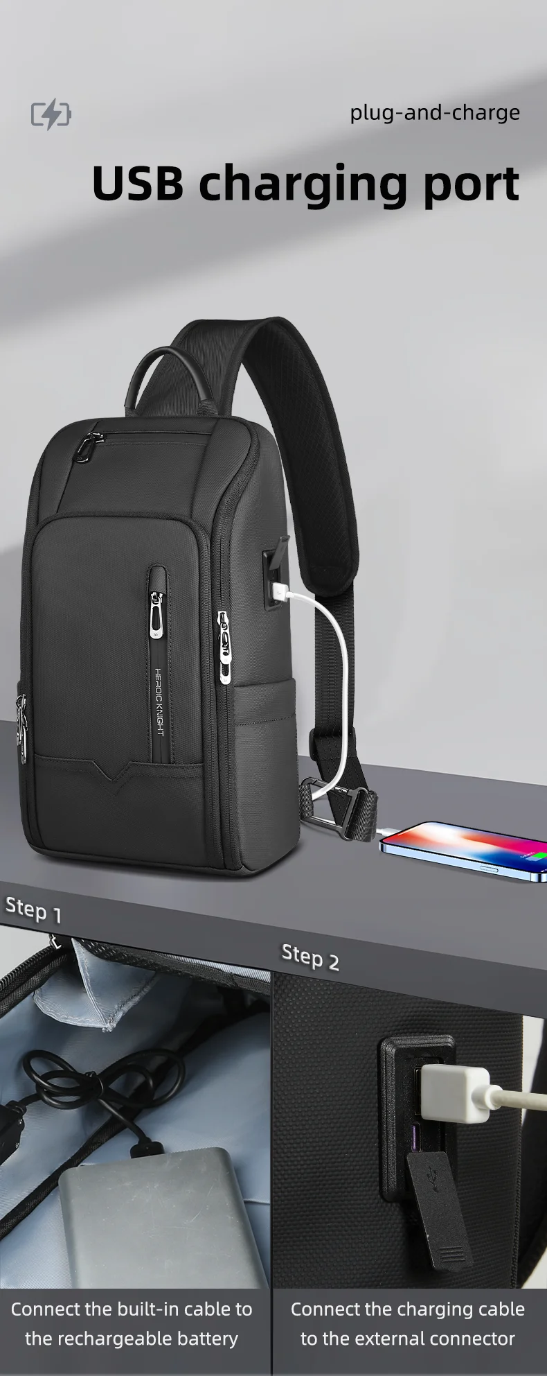 กระเป๋าสะพายไหล่ Heroic Knight HK-6207B USB Port